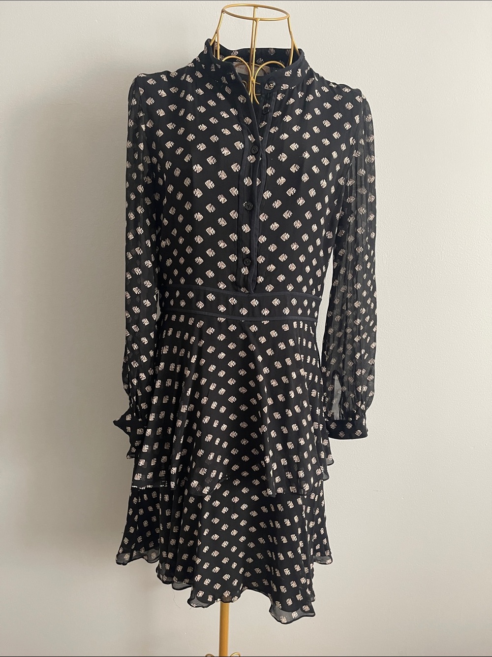 Tory Burch Black Printed Long Sleeve Tiered Dress